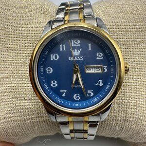 Olevs Watch Women Silver Gold Two Tone Blue Dial Date New Battery 6.75 Inch